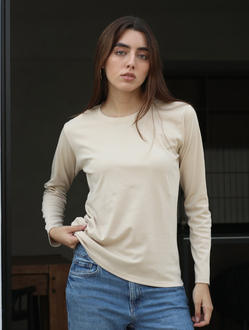 Camiseta Pima Manga Larga Beige