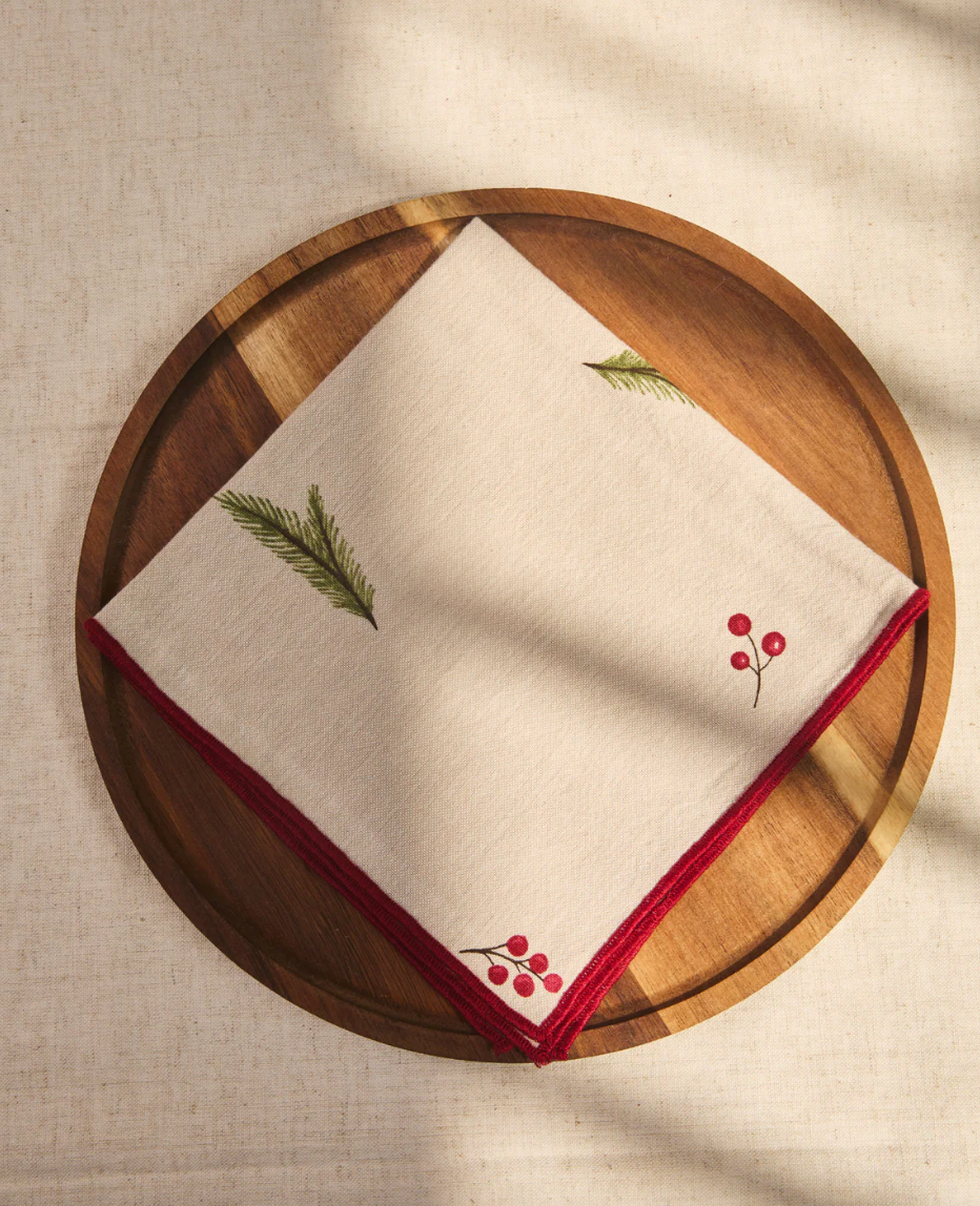 Servilletas Bordadas 100% Algodón Ramitas Navideñas