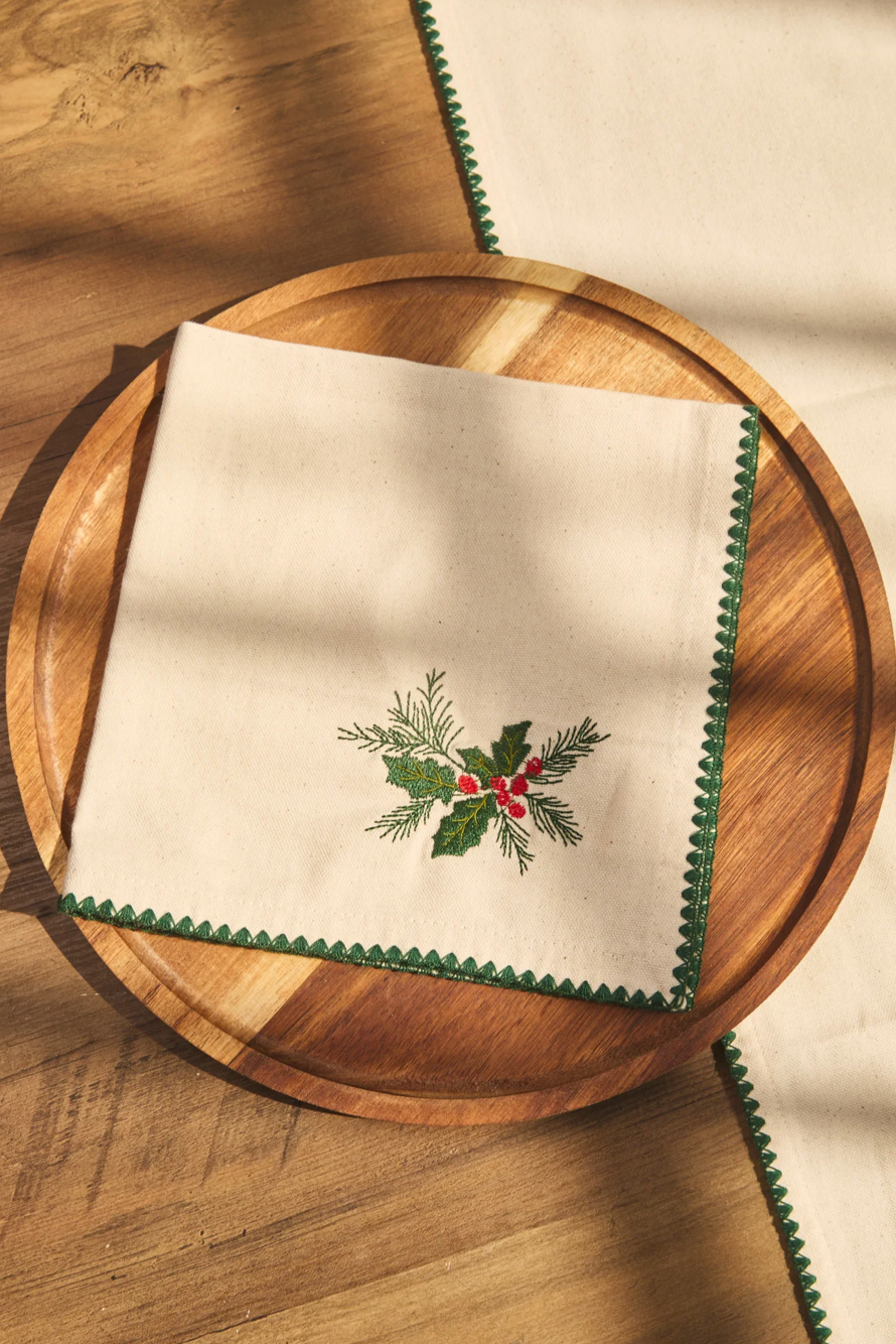 Servilleta Bordada 100% Algodón Hojas Navideñas