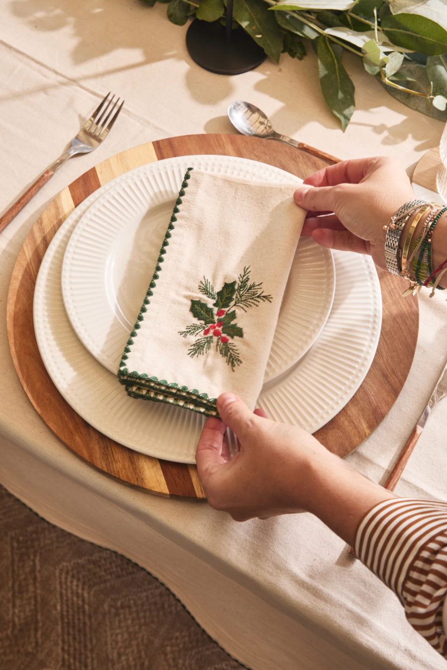 Servilleta Bordada 100% Algodón Hojas Navideñas